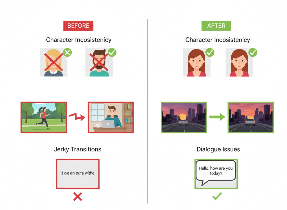 Troubleshooting guide showing before and after examples of common Veo 3 issues