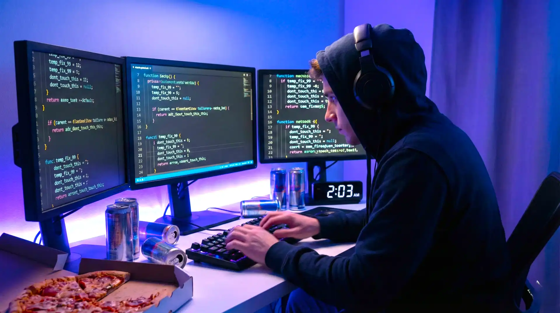 Developer in flow state coding late at night with multiple monitors showing code, energy drink nearby, completely immersed in the creative coding process