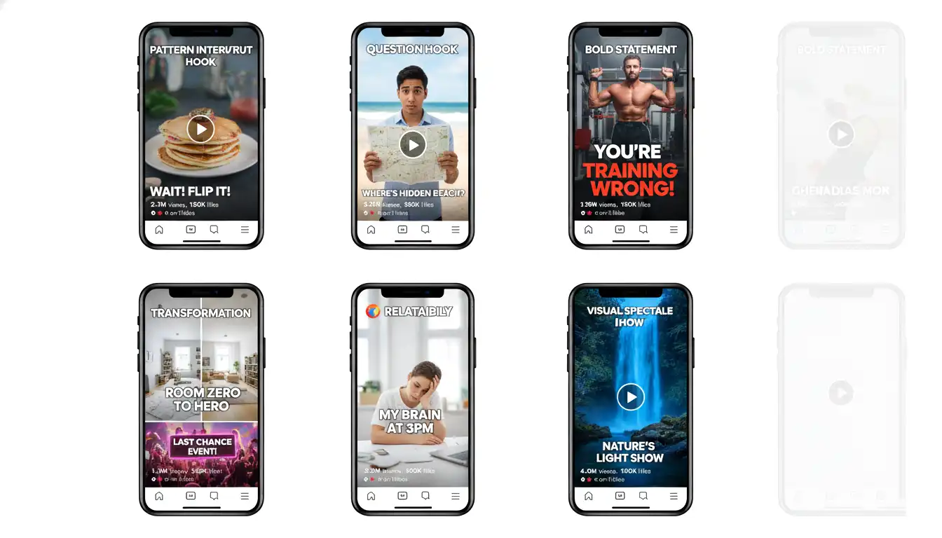 Grid layout showing seven different hook pattern examples with side by side video thumbnails and engagement metrics demonstrating effectiveness of each approach for viral content