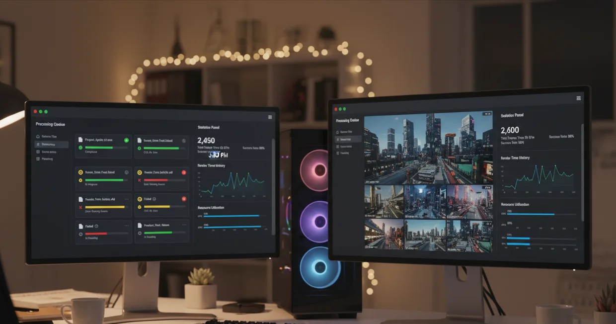 Computer workstation setup showing automated rendering running over the weekend with progress indicators