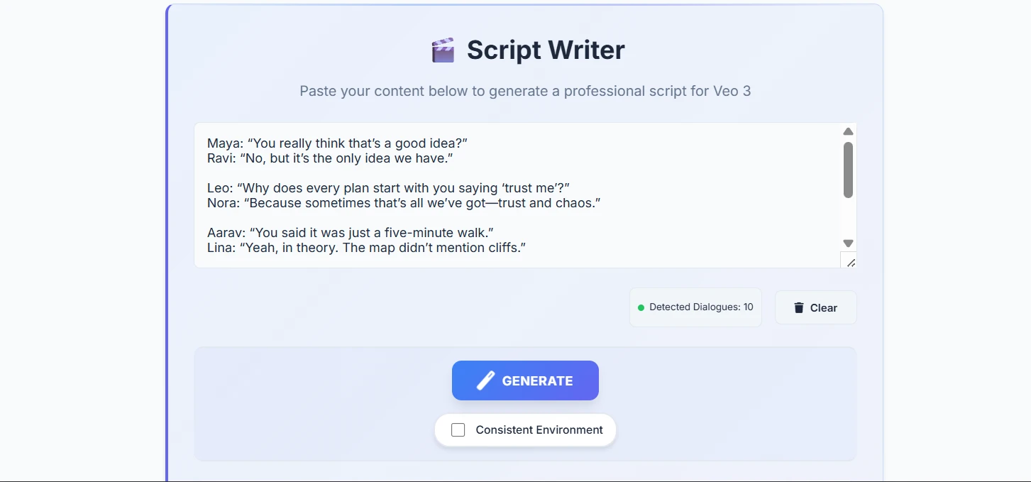 Script Elements Breakdown showing dialogue, visual directions, and audio cues
