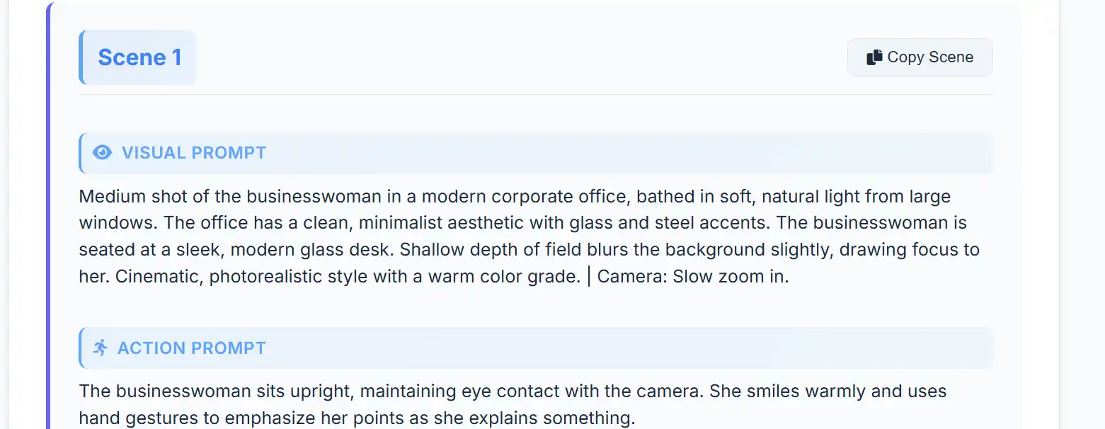 Veo 3 Script Writer interface showing well-structured prompt example